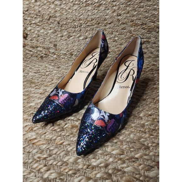 J Renee Ryenne Butterfly Screen Print Glitter Heels Toes Black Purple Size 10 M - Picture 4 of 11